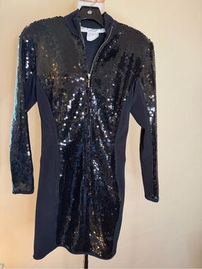 Lillie Rubin vintage LS black sequin and knit zip front mini dress Size 2/4